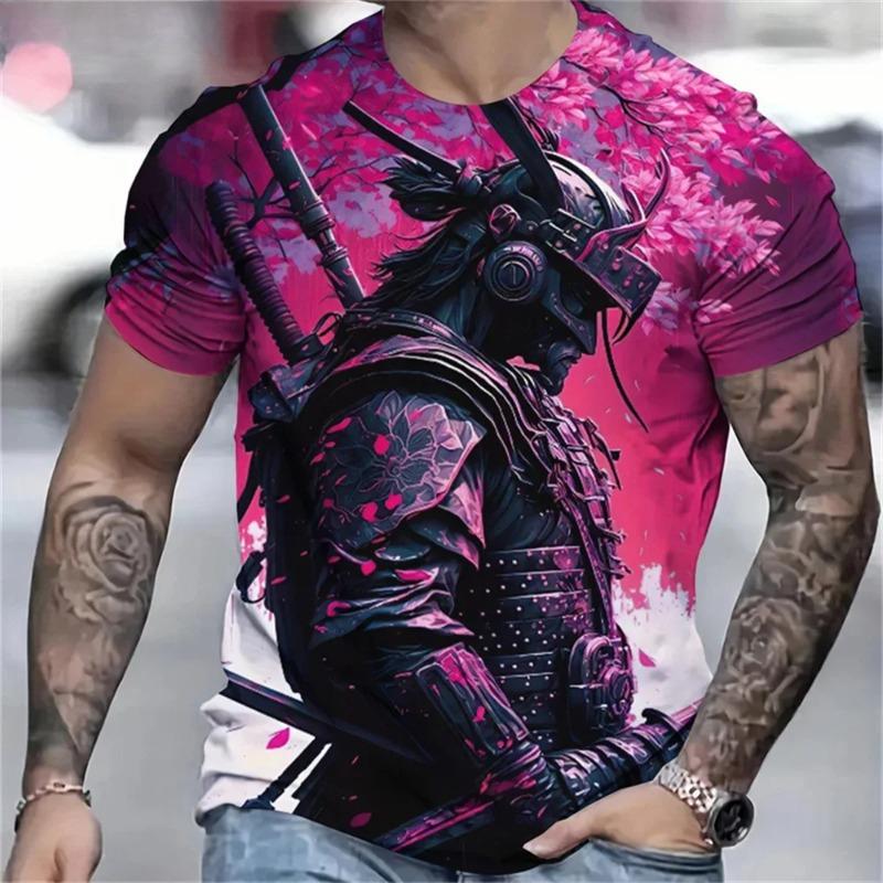 Camiseta de Samurái Japonés Impresa en 3D para Hombre Camisetas con Patrón de Personalidad Moda de Verano Cuello Red Tops Sueltos de Calle Camisetas de Manga Corta