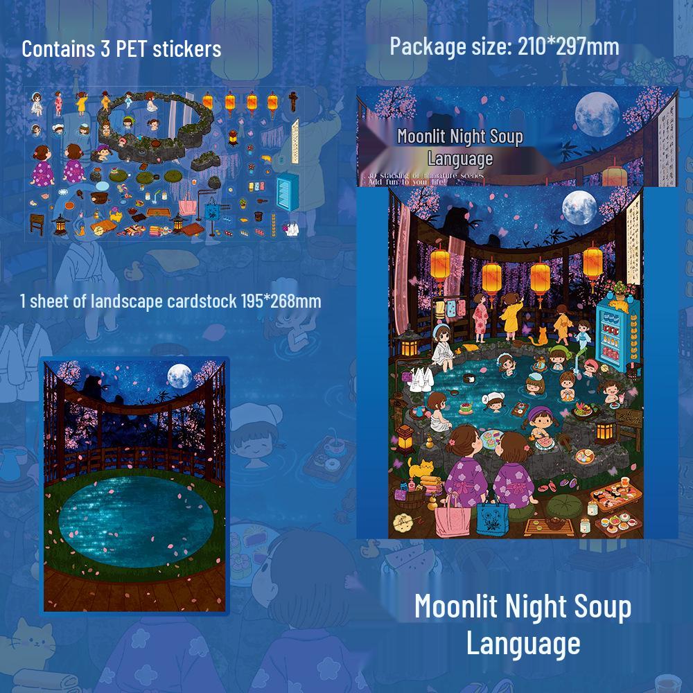 3 Sheet PET Stickers: Moonlit Soup Language Scenery for DIY Miniature World & Journal Collage