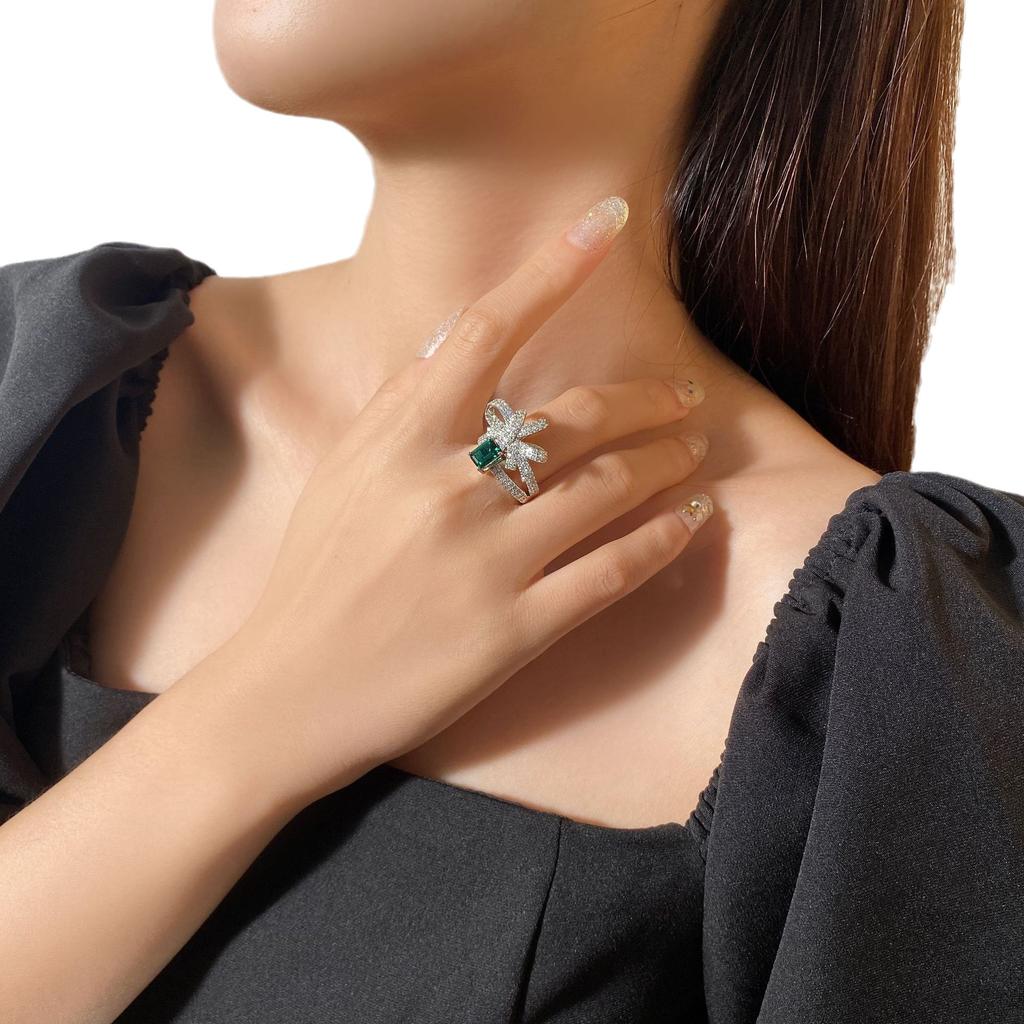 Emerald Cut Ring for Women Tourmaline Inlaid Jewelry High Carbon Diamond Index Finger Micro Set Simulated Diamond