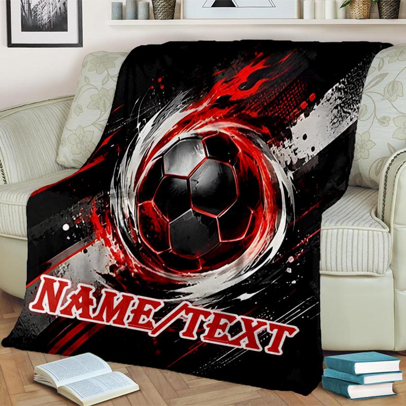 1PC Custom Name "Fiery Soccer Ball Artwork" Outdooor Flannel Blankets Throw Blanket All-Season Throw Gift Bedspread for Couch, Bed, Camping Holiday Bi
