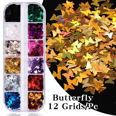 12-Color Nail Art Fluorescent Laser Nail Patch, Bar Boxed Maple Leaf Butterfly Sequin Nail Glitter Patch