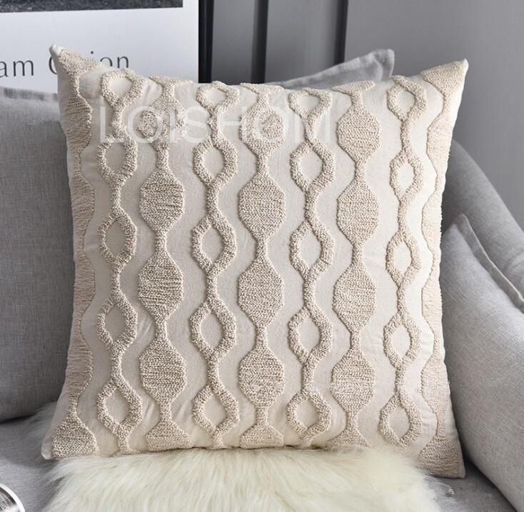 Funda de Cojín Bordada con Hilo de Cuerda Euro Beige Decoración del Hogar Lino Algodón Estilo Boho Funda de Cojín Étnica 50x50cm Cojín