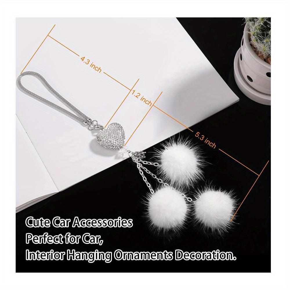 Bling Car Mirror Accessories for Women Men Love Heart and Pink Plush Ball Rinestones Car Accessories Car Rear View Mirror Charms