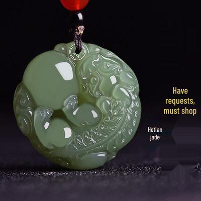 Colar com Pingente Pixiu Unisex de Jade Hetian Branco e Jadeíta - Presente Ornamento para Casal