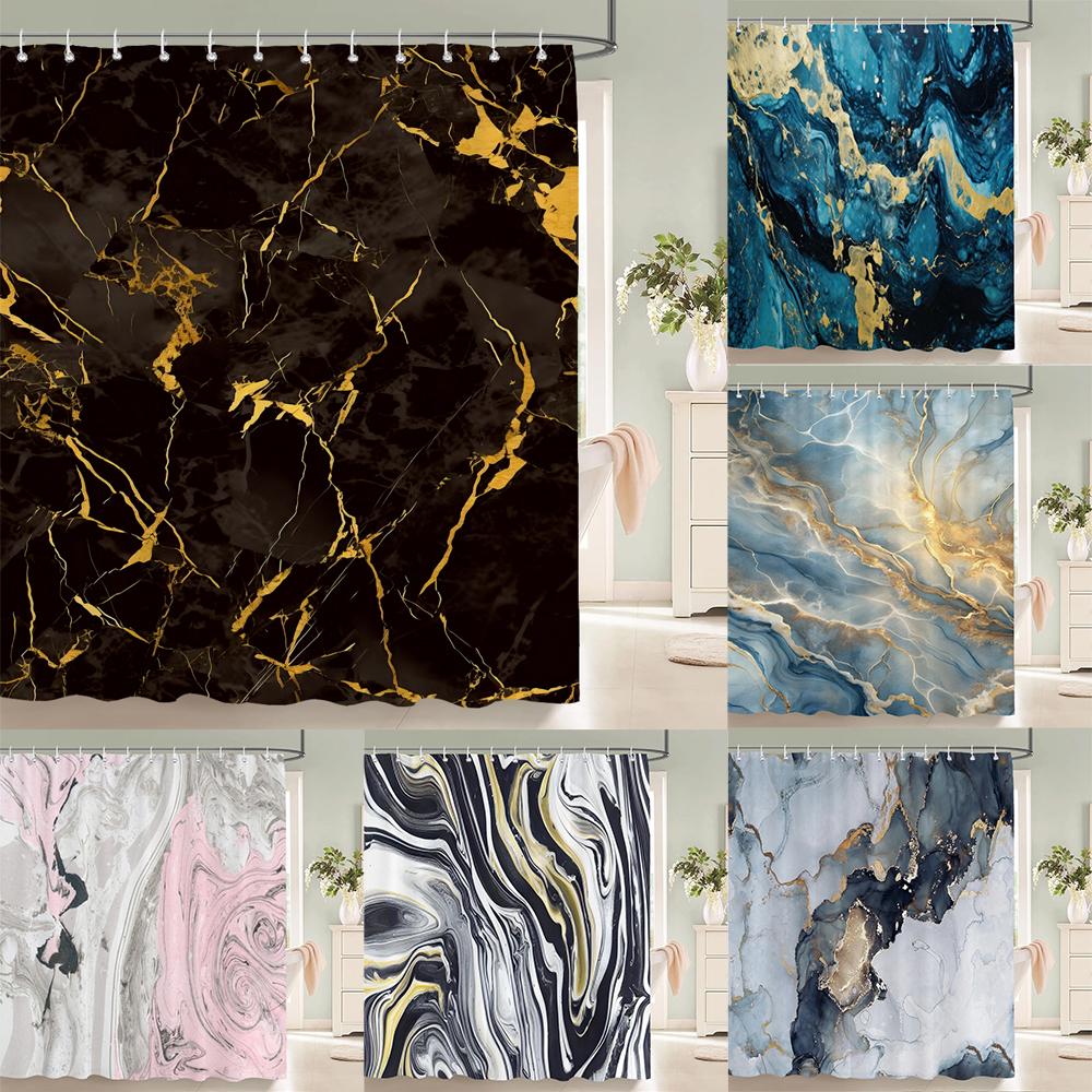 Abstract Marble Pattern Shower Curta Waterproof Fabric Bath Curta For Bathroom Bathtub Large Wide Bathing Cover With Hook