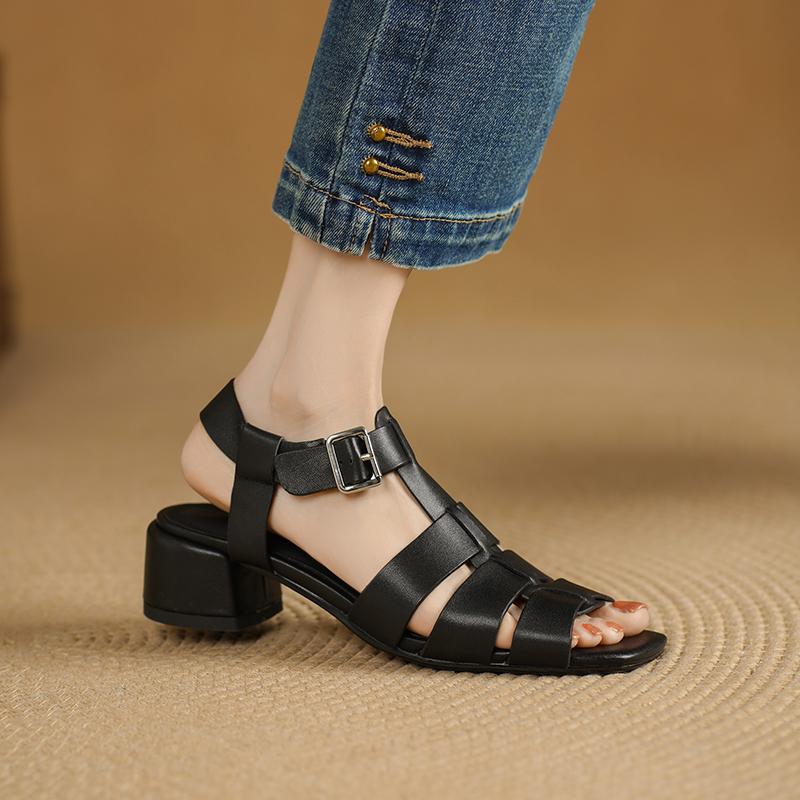 Fashion 2025 New Fashion Thick High Heel Sandals Women Genuine Leather Summer Shoes Woman Punk Buckles Street Fashion Shoes Sandals