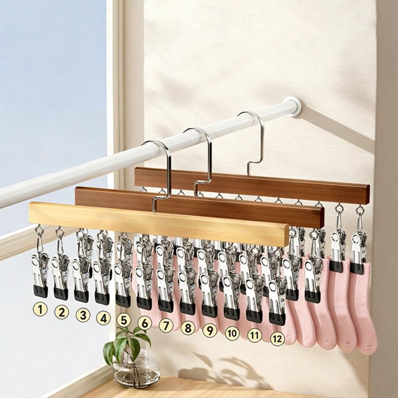 Wood Multi-Function 12 Clips Underwear Clip Wardrobe Clothes Hanger
