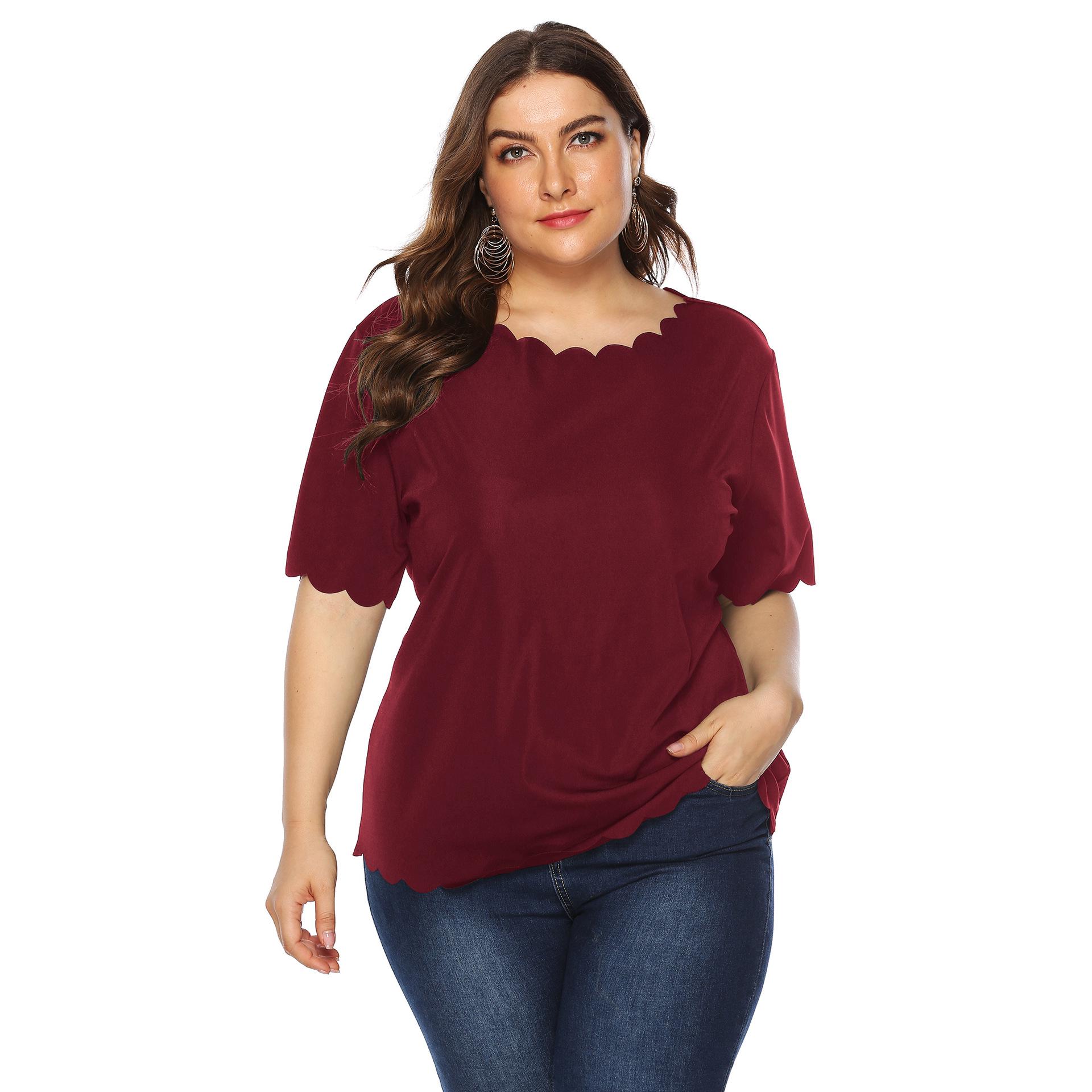 

Plus Size Women s Wave Edge Solid Color Casual T-shirt 4XL малиновый