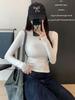 American Cinched Waist Long Sleeve T-shirt, Korean Style, High Stretch, Round Neck, Hot Girl Fashion for Autumn and Summer.