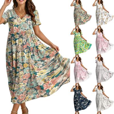 Women Casual Loose Bohemian Floral Dress Short Sleeve Long Maxi Summer Beach Swing Dress