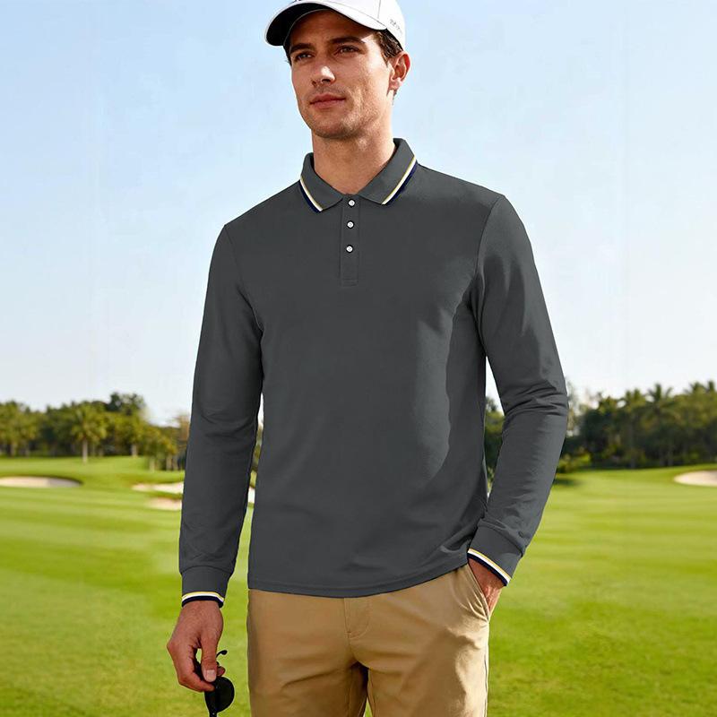 Men's Long Sleeve Polo Shirt Casual Contrast Collar Golf Top Breathable Business Casual T-shirt