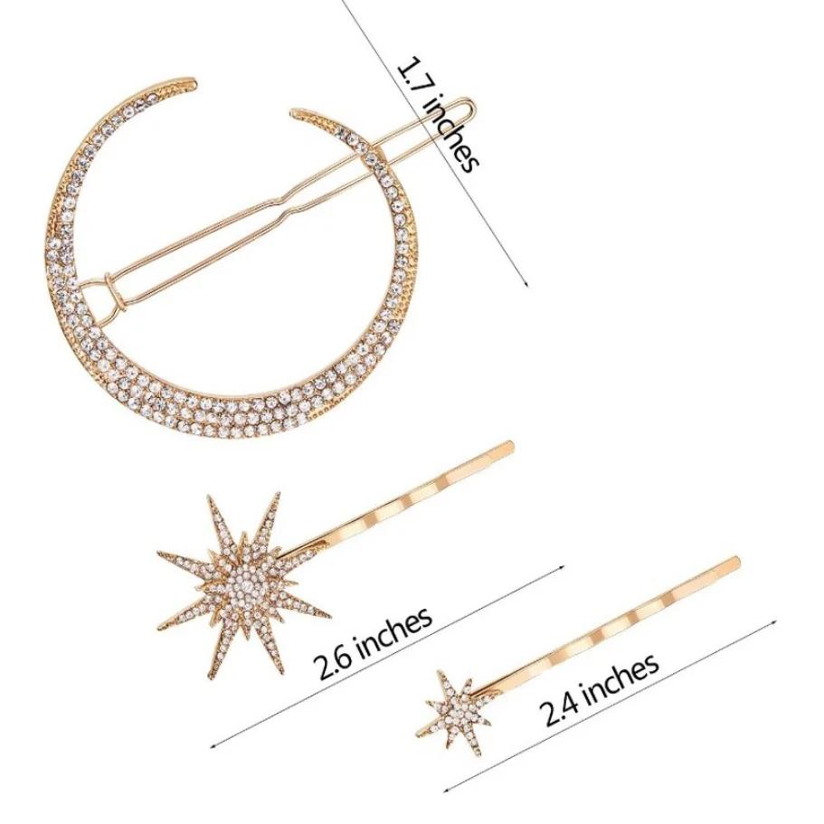 Women Crystal Side Hair Clip Pins Metal Hair Barrettes Girl Hair Accessories Stars Moon Rhinestone Clips Set Star Hairpins