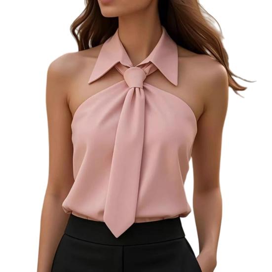 Women Shirt Lapel with Tie Sleeveless Shirt Tops Off Shoulder Pure Color Loose Fit Summer Office S розовый