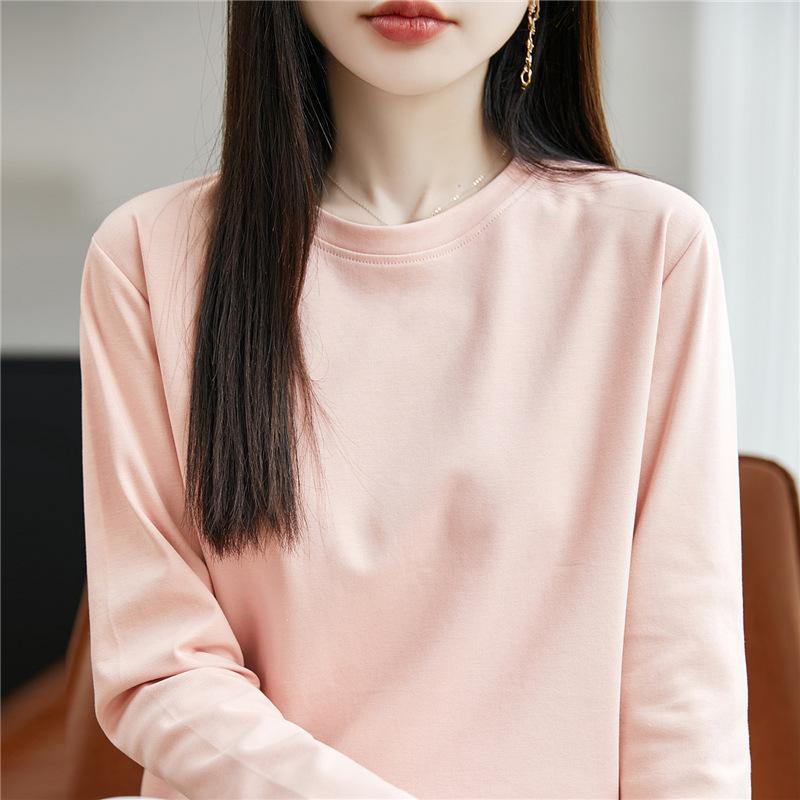 Women's Crew Neck Long Sleeve T-Shirt Regular Fit Elegant Lady Style Mercerized Cotton Solid Color Spring Casual Versatile Basic Layering Top