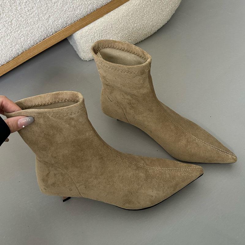 

Fashion Fashion Flock Footwear Pointed Toe Ladies Stretch Ankle Boots Slip On Shoes Women Short Boots With Female 4CM Thin Heels Shoes 35 бежевый