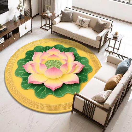 Lotus Flower Floor Mat Round Living Room Rug Lotus Pattern Carpet with Non-Slip Backing for Home Office Bedroom Kitchen