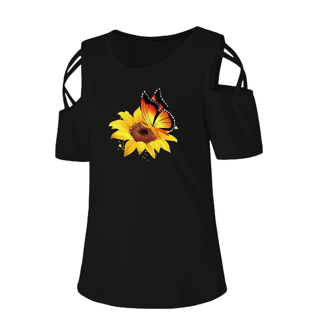 Women Tie-dye  Fashion Printed Colorful  Short Sleeve Strappy Cold Shoulder Top