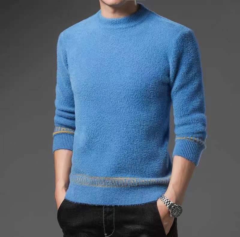 Men's European Jacquard Trend Crew Neck Faux Mink Cashmere Slim Fit Sweater