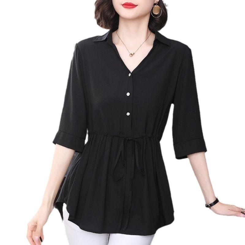 Chiffon Short-sleeved Shirt Women's Medium-sleeved Summer Medium and Long Belly-covering Waist Top Shirt