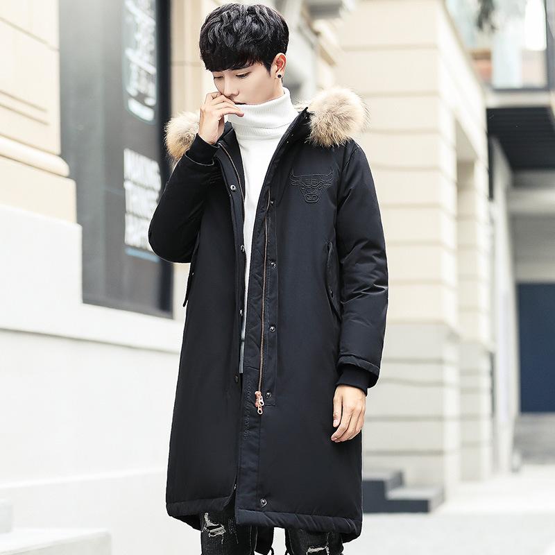 Korean Style Hooded Loose Extended Down Jacket for Men and Women Thickened Large Fur Collar Youth Jacket