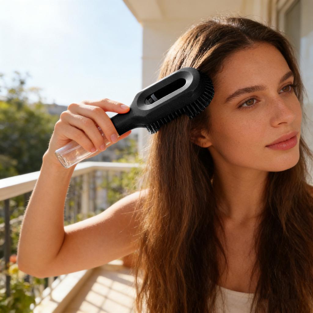 Hairbrush Mist Spray 2 In 1 Refillable Hair Brush with Water Mist Spray for Frizz Control Anti Static Reduce Tangling Black