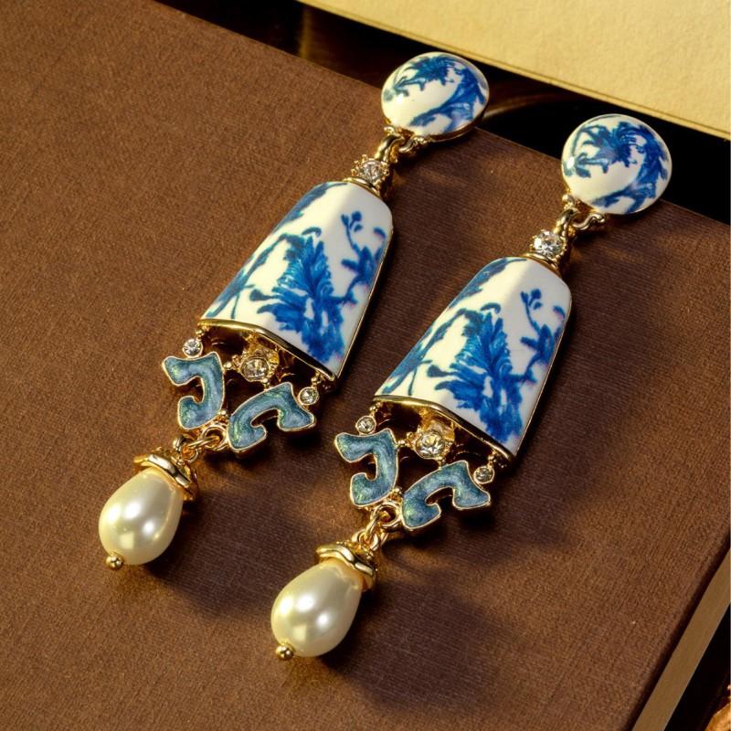 Vintage Blue White Porcelain Drop Earrings Needle Chinese Style Jewelry Women