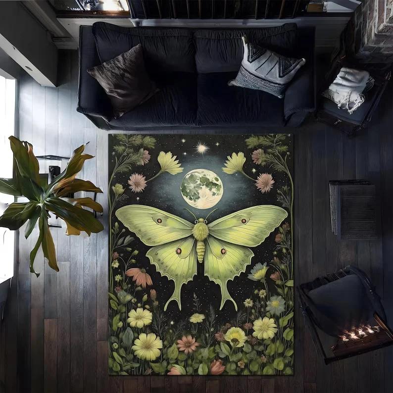 Gothic Luna Moth Rug Mystic Butterfly Moonlit Floral Decor Living Room Floral Home Decor Dark Cottagecore Gothic Floral Decor
