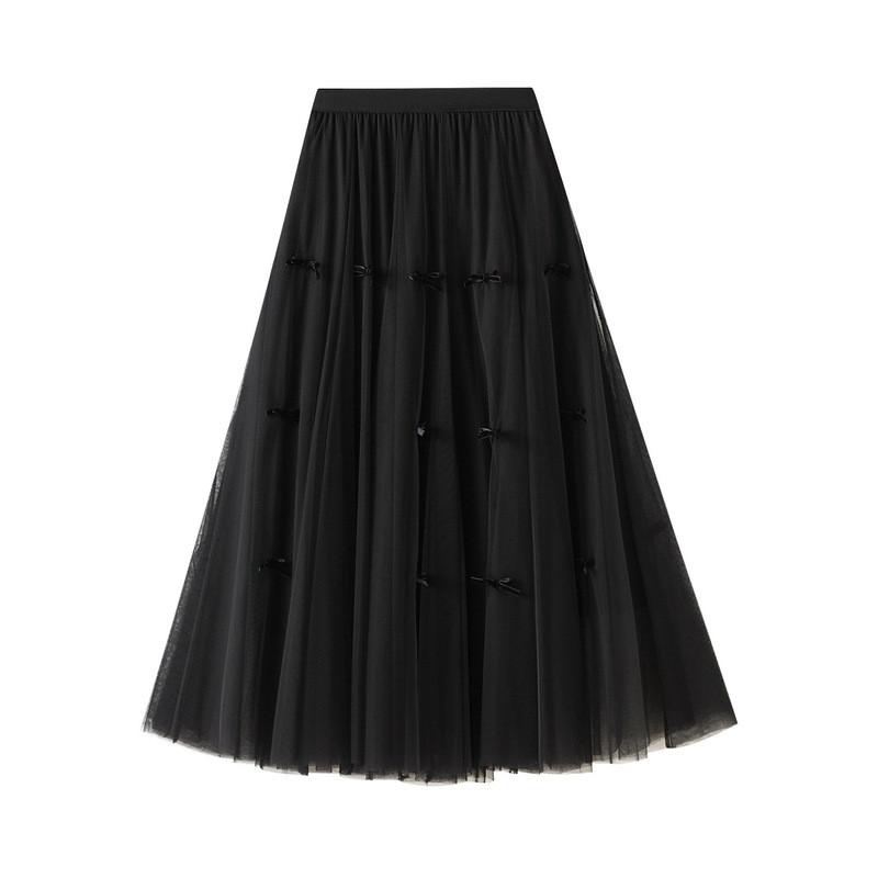 Qooth Bow Tulle Skirt Flowy A-Line Mid-Length Skirt Soft Fairy Aesthetic QT2793