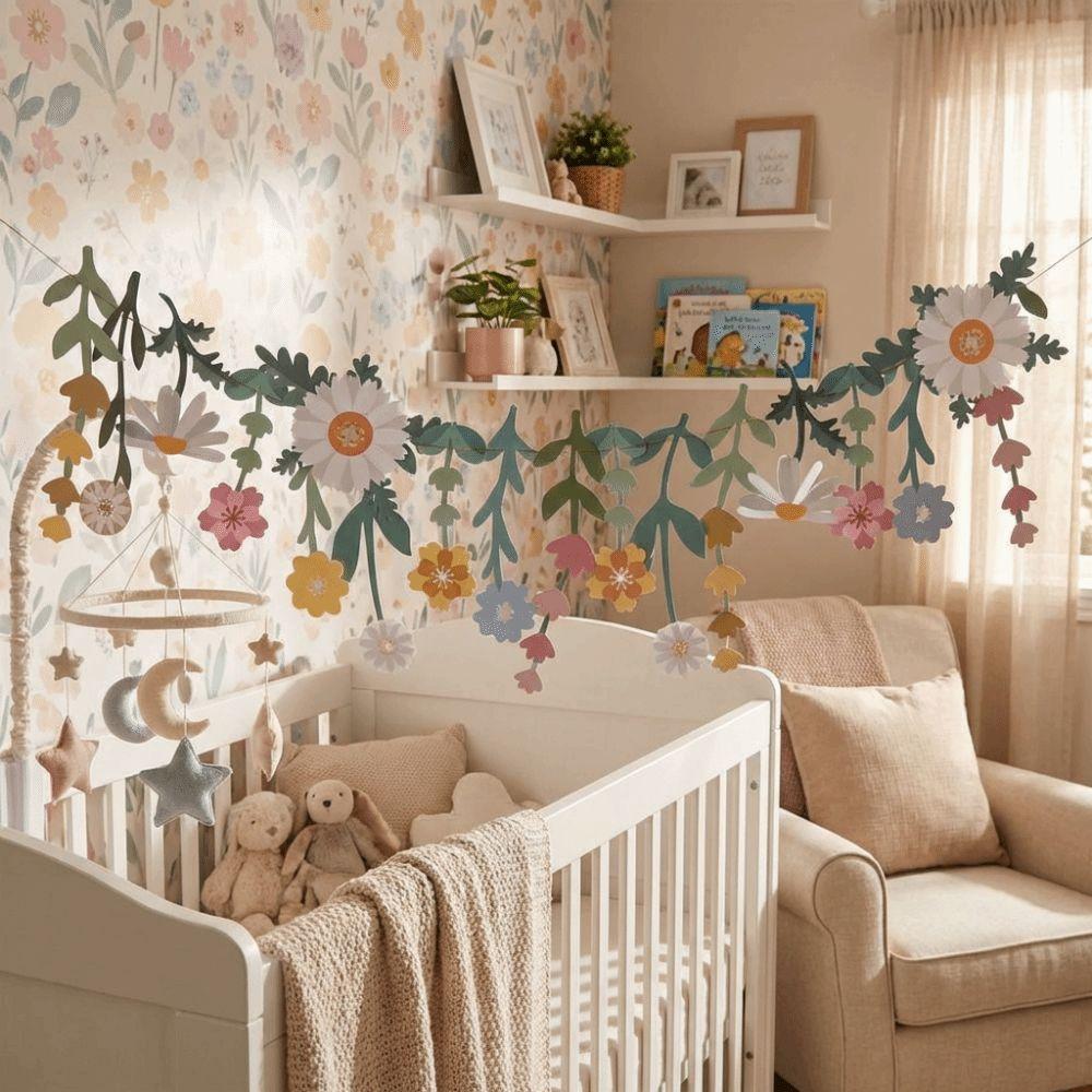 Double Sided Flower Paper Banner Floral Leaf Spring Theme Flower Leaves Garland Cartoon Romantic Floral Hanging Flag