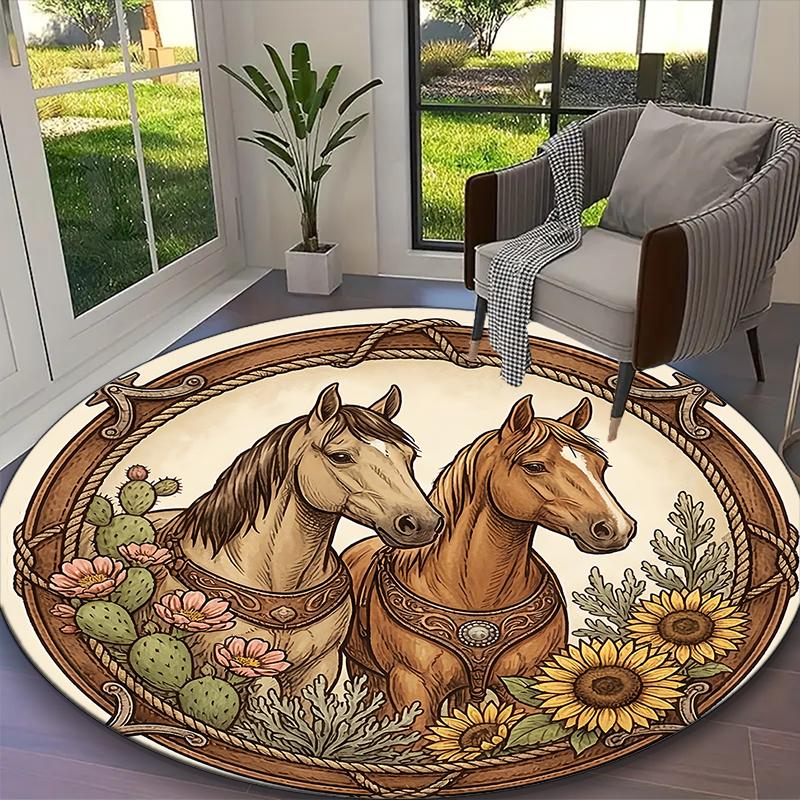 1pc Digital Printed Chair Rug for Home Office Use, Desert Floral Equine Horse Carpet Appropriate for All Seasons, Soft Round Carpet