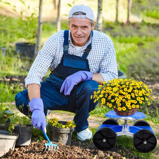 Gartenwerkzeugwagen mit Rollensitz, Nutzwerkzeugschemel mit flachen Rädern, Faltbarer Faulenzer-Sitzhocker, Pflück-Dreh-Aufbewahrungsregal, Höhenverstellbar