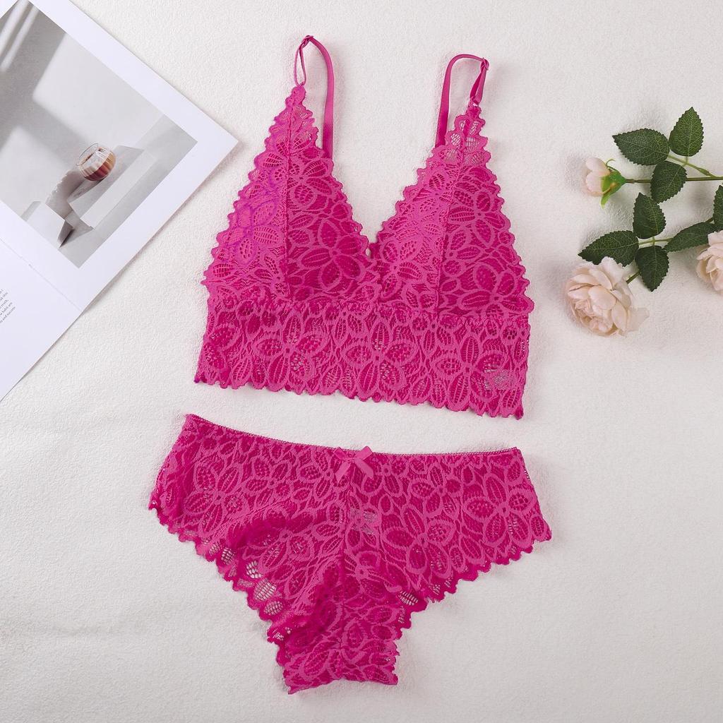 Draadloze Bh Set met Franse Kant, Verstelbare Bandjes en Borstkussentjes