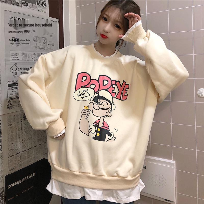 Women's Plus Velvet Two-Piece Sweatshirt: Autumn/Winter, Long-Sleeve, Round-Neck, Loose Fit, Temperament Style, Large Size.