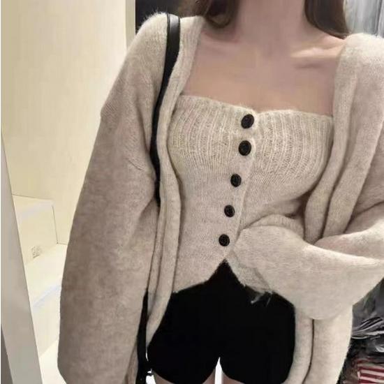 

Комплект из двух вещей из альпаки в корейском стиле: Объемный вязаный бандо + Свободный свитер-кардиган One Size [80-120] бежевый