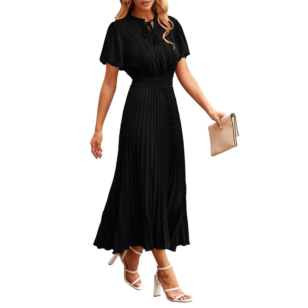 Women's Summer Fashion Loose V-Neck Short Sleeve Tie Solid Color Dresses