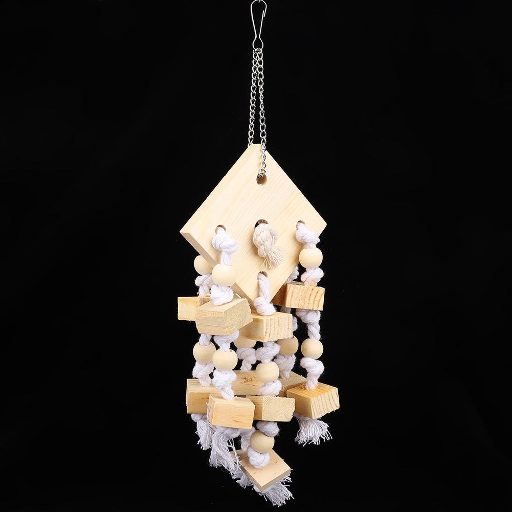 Natural Wooden Bird Hanging Swing Parrot Biting Chewing Playing Block Cage Toy Accessory