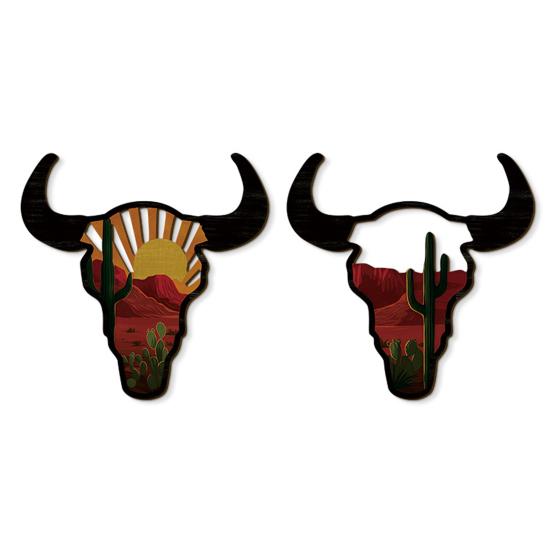 Набор из 2 шт. Западный Декор Стены Череп Коровы с Дизайном Заката и Кактуса Деревянный Череп Быка Настенное Искусство Рустикальный Юго-Западный Декор Гостиной Спальни Дома Sets