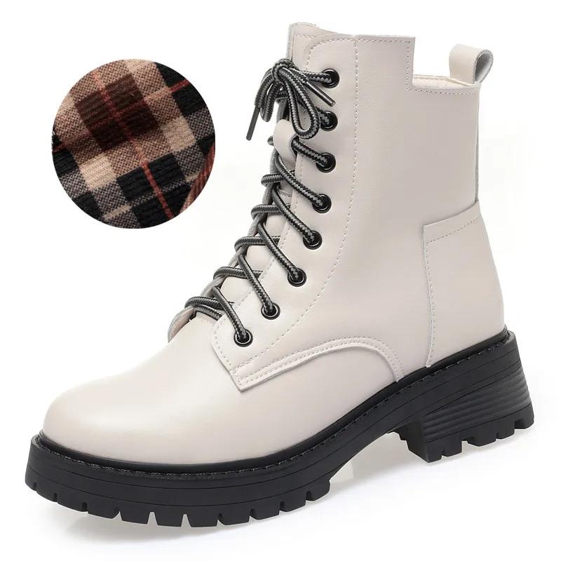 Зимние модные нескользящие женские стеганые ботинки из натуральной кожи теплые женские ботильоны пушистые коричневые зимние ботинки для женщин большой размер 43 35 бежевый 5798₽