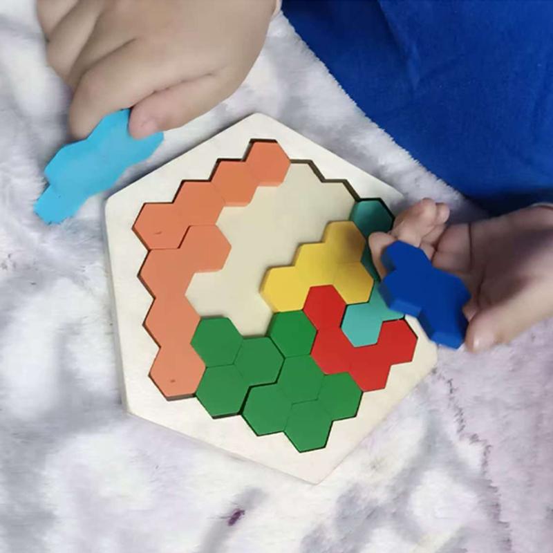 Honeycomb Hexagon Tangram Wooden Geometric Puzzles Challenge Brain Teaser IQ Logic Training Kids Montessori Edcuational Toys