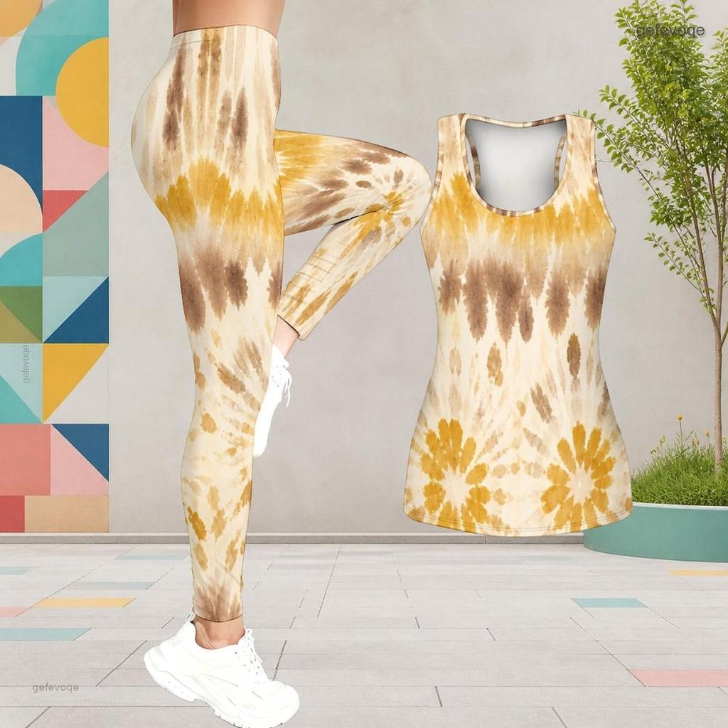 Women Plus Size Two Piece Set Scoop Neck Sleeveless Tank Top Fitted Tie Dye Printed Pants