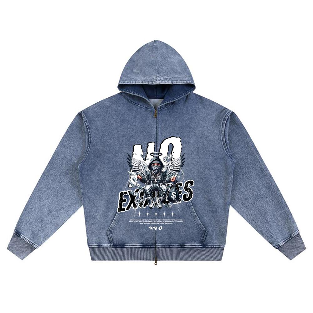 DTG Print Knitted Denim Zip-Up Hoodie Angel Streetwear Brother Print Zipper Hoodies  