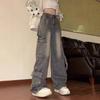 Vintage Washed Multi-Pocket Cargo Jeans for Women High Waist Streetwear Loose Wide Leg Trendy Designer Denim Trousers