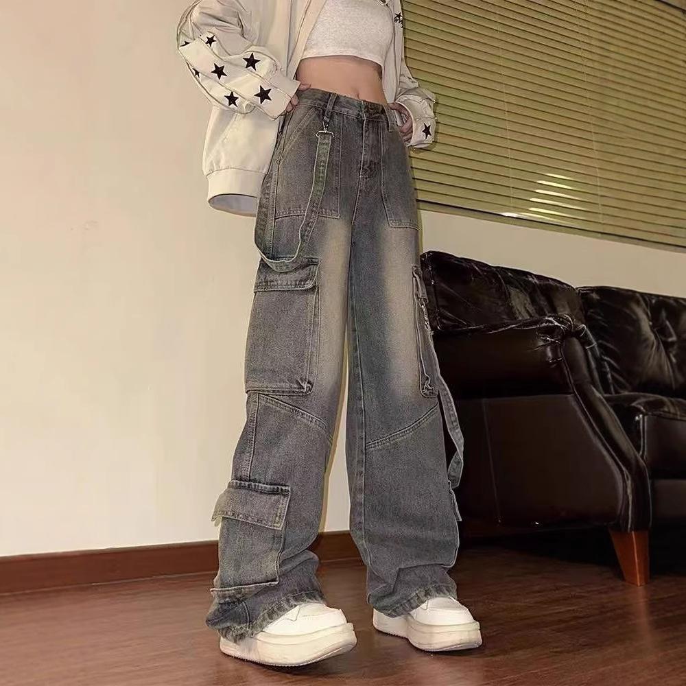 Vintage Washed Multi-Pocket Cargo Jeans for Women High Waist Streetwear Loose Wide Leg Trendy Designer Denim Trousers