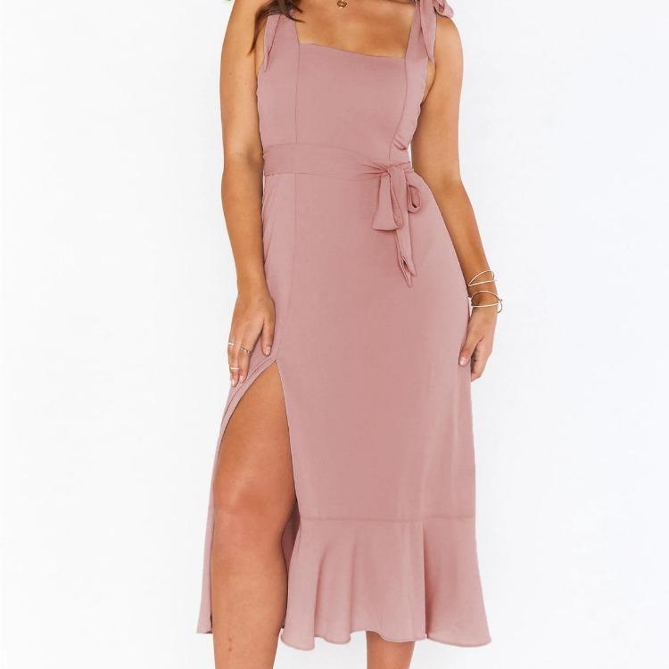 Women Summer Casual Sleeveless Spaghetti Strap A-Line Dress High Waist Long Split Solid Color Dresses