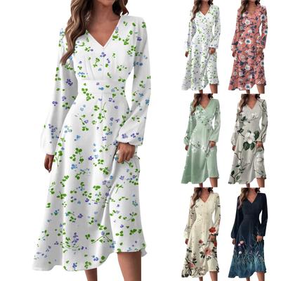 Women's  Casual Fashion V-Neck Long Sleeve Floral Print Long Dress