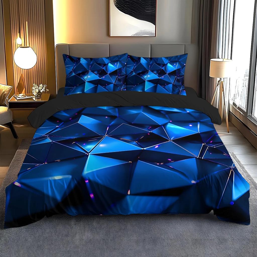3Pcs Breathable Geometric Pattern Duvet Cover Set, All Season Machine Washable Bedding with Pillowcases Home Decor