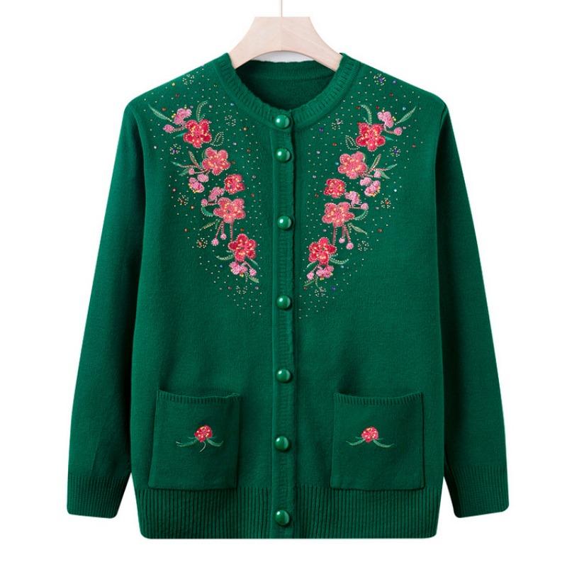 Middle-aged and old embroidered knitted sweater jacket grandma top cardigan long-sleeved sweater casual mom outfit old lady clothes