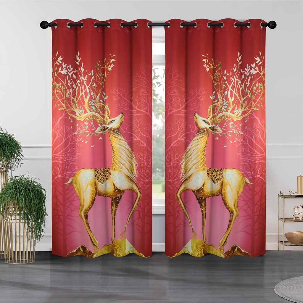 Elk Curtain Symbol Fortune Lucky Digital Print 3D Curtain Living Room Window Kitchen Curtain Bathroom Curtain Grommet Top 2PCS