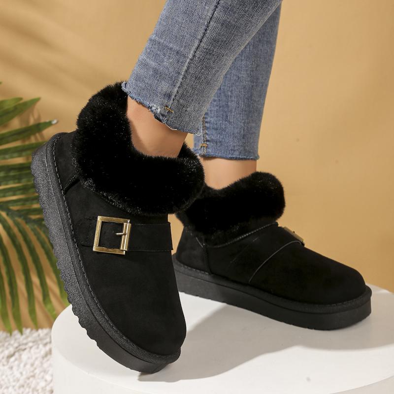 Fashion Casual Metal Buckle Decoration Thick Bottom Snow Boots Fashion Faux Fur Low Heel Boots Women Winter Warm Short Plush Shoes
