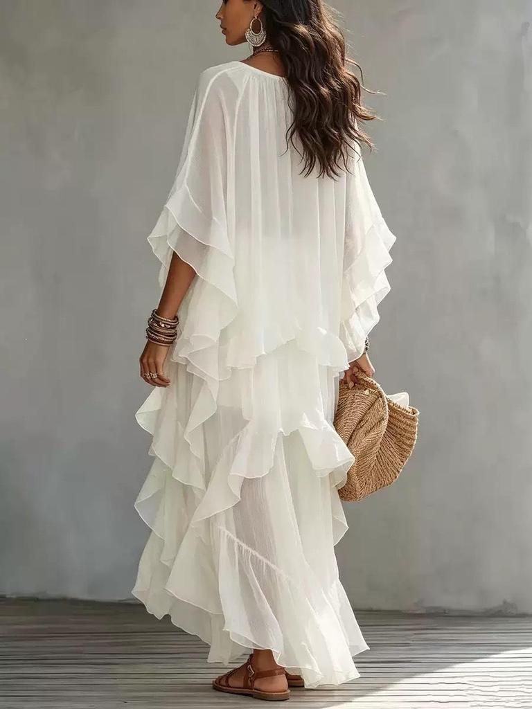 Elegant French-Style Ruffled A-Line Dress with Lantern Sleeves & Beaded Accents